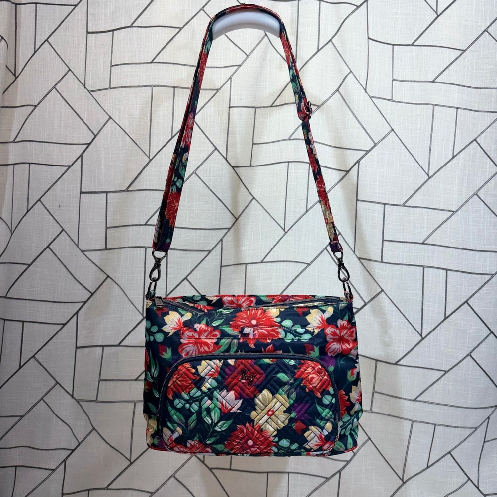 Lug Crossbody Bag Medium Navy Floral Quilted Multi-Pocket Travel Purse